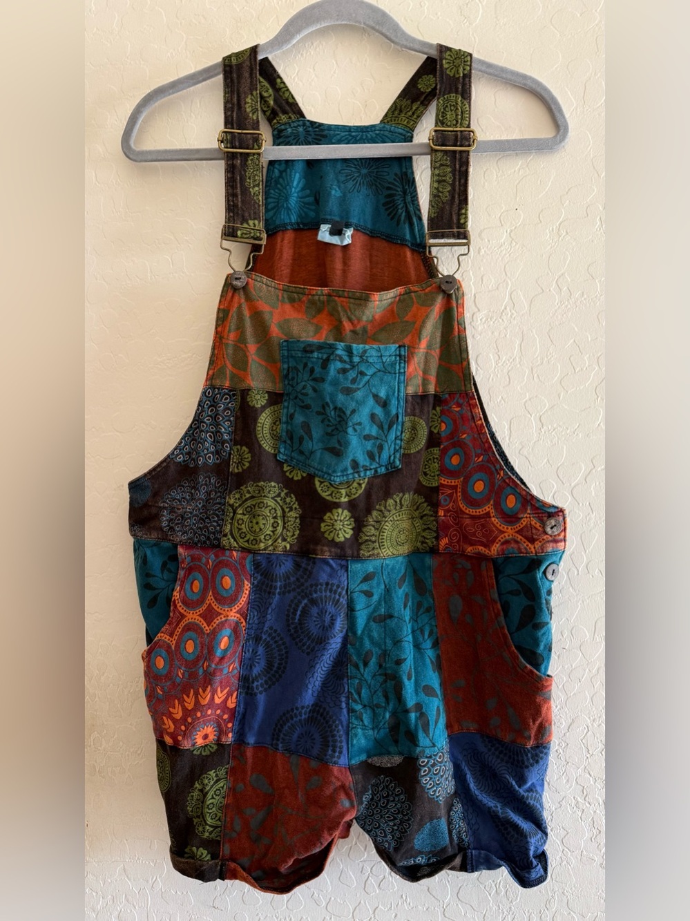 The Collection Royal, S/M, 100% cotton, bohemian-style patchwork overalls